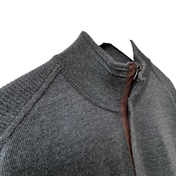 BEAU BRUMMEL Mens Wool Sweater S/m Italian Merino Gray 1/4 Zip Brown Suede - Picture 6 of 11